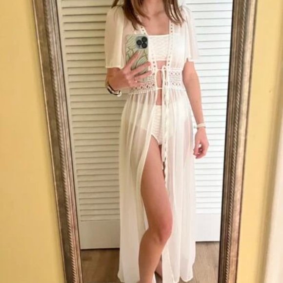 white Vacay Vibes Eyelet Embroidery Tie Front Kimono - Picture 13 of 16